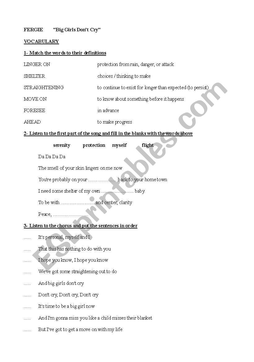 Big girls don`t cry worksheet